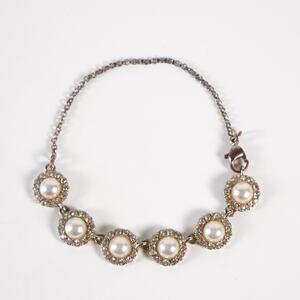 Faux Pearl Cubic Zirconia Gemstone Chain Bracelet Clasp Metal Jewelry Silver